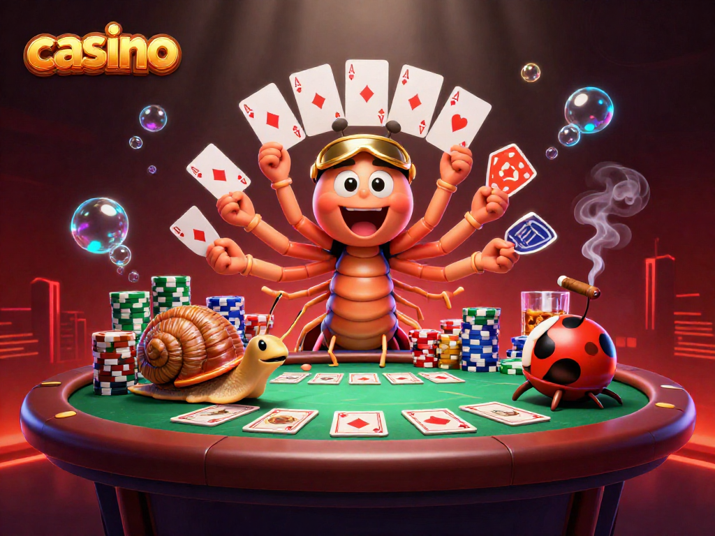 Casino-themed illustration featuring a lively dealer, high-roller, and excitement around poker.
