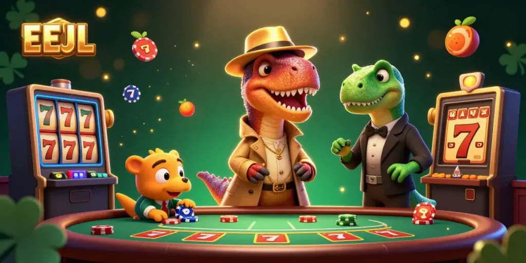 Experience excitement at EEJL with a cartoon velociraptor card counter and slot reels action.