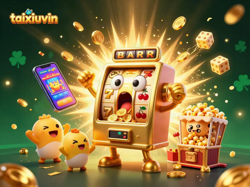 taixiuvin slot machine celebrates a jackpot with cheering baby machines and golden kernels.