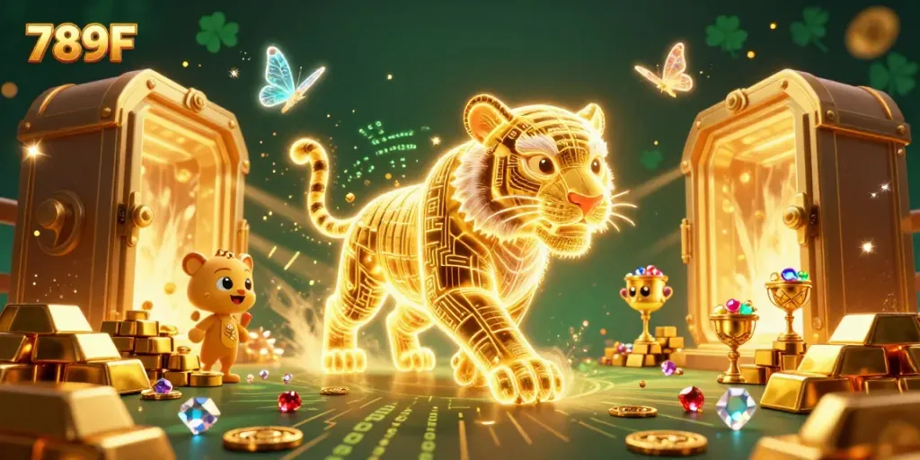 Engage in exciting games at 789F where the golden tiger prowls through a vibrant casino.