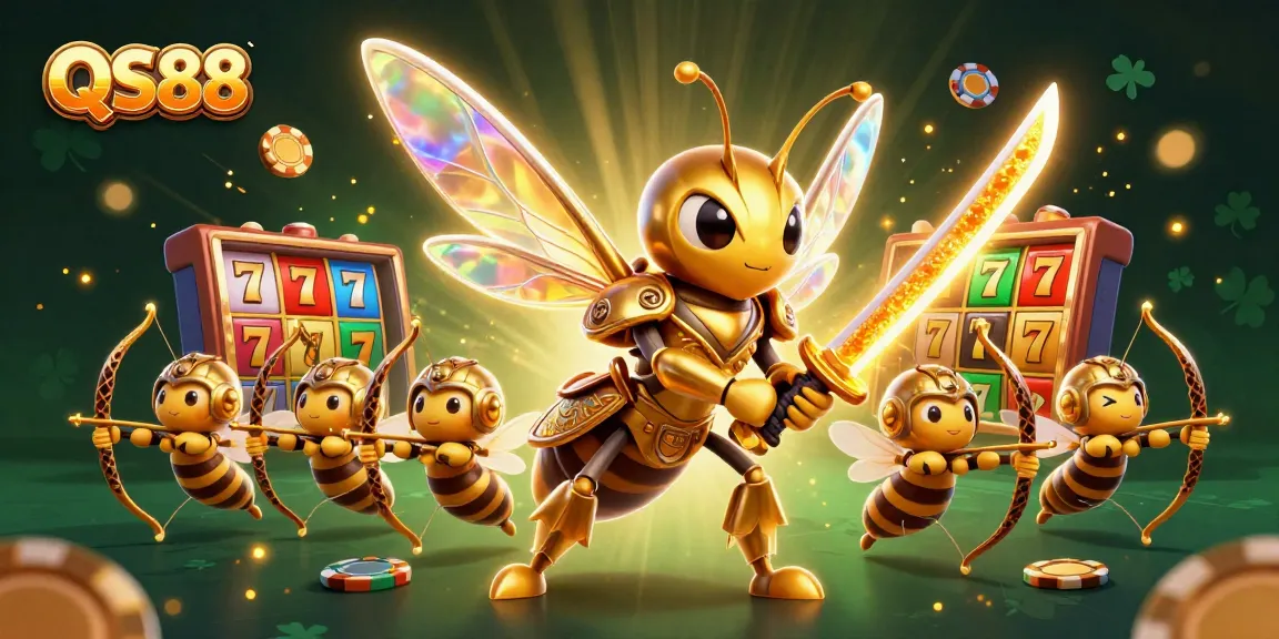Experience QS88's exciting games with a dynamic casino scene featuring a samurai hornet and vibrant slot elements.