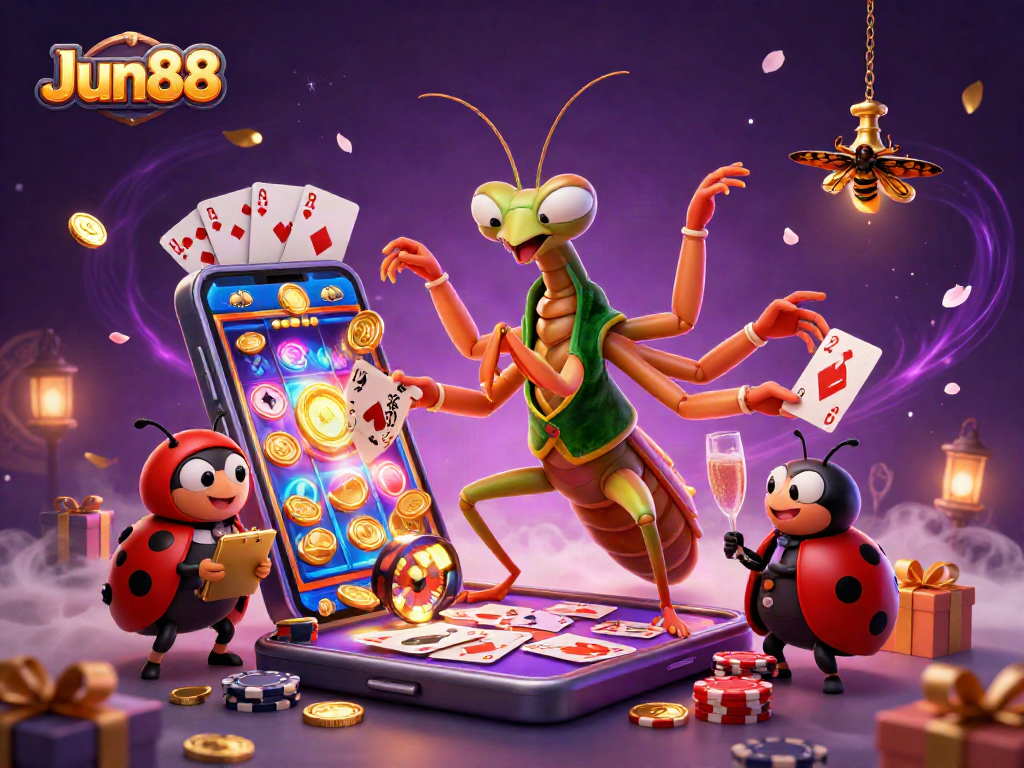 Watch Jun88's vibrant casino scene with animated characters dealing cards and pouring champagne.