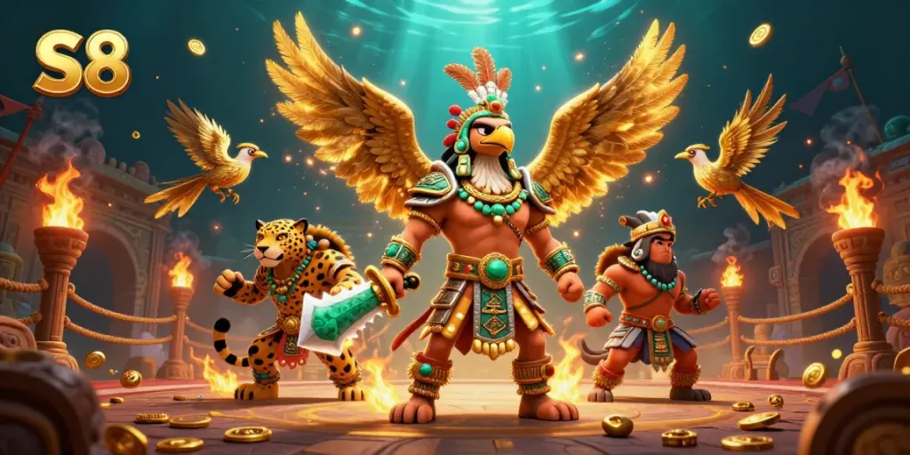 Engage with S8's thrilling casino adventure featuring Aztec warriors and dynamic gaming elements.