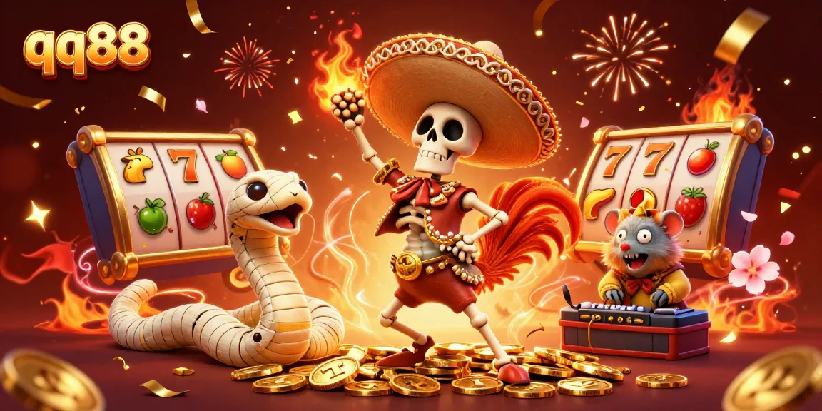 Celebrate victories at qq88 with a dynamic 3D casino scene featuring lively characters and festive elements.