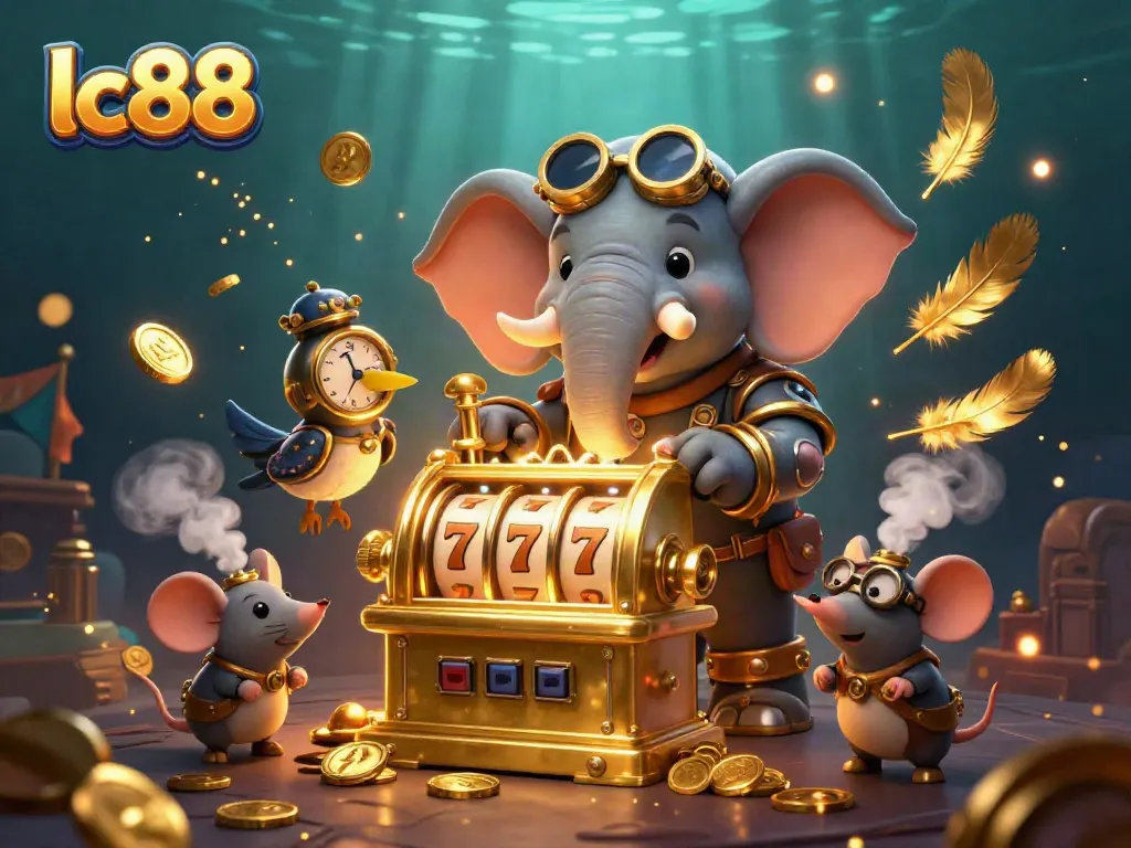 Spin the lc88 golden slot machine with steampunk characters in an energetic casino scene.
