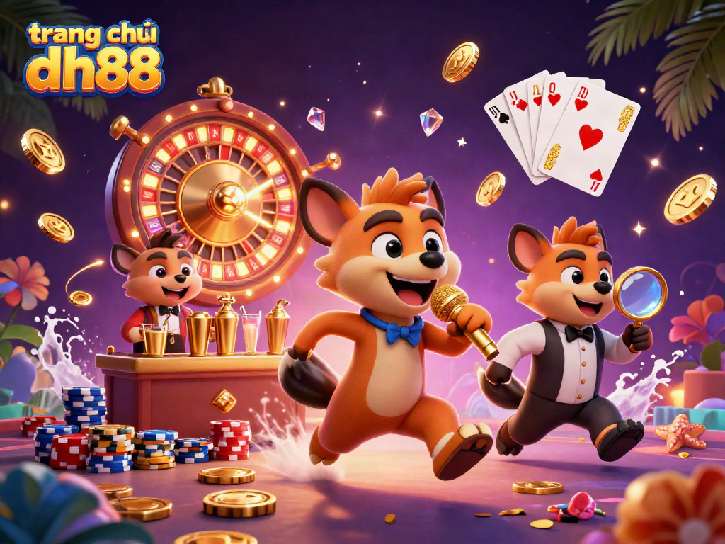 Celebrate the excitement of gaming at trang chủ dh88 with vibrant casino characters, shimmering gems, and dynamic action.