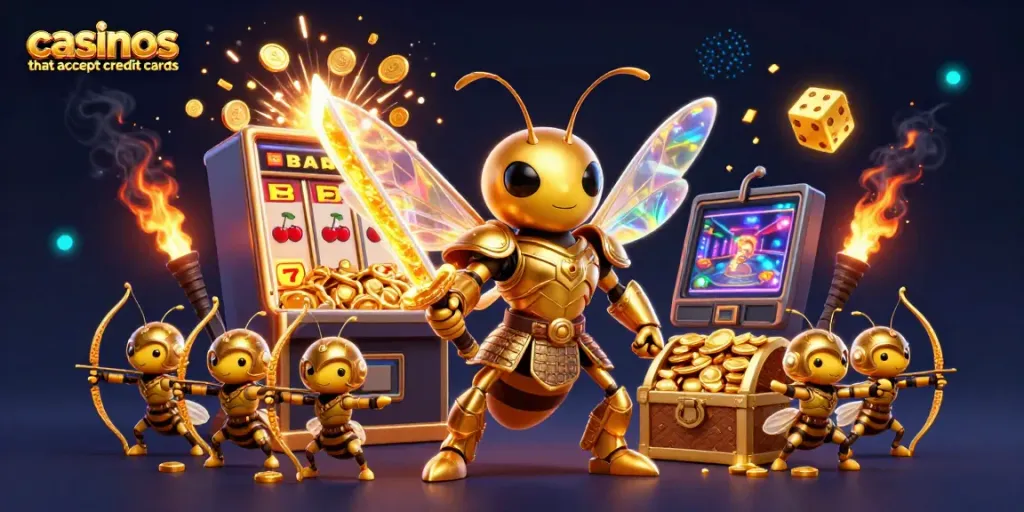 Engaging 3D scene of casinos that accept credit cards featuring a golden hornet in samurai armor, surrounded by vibrant casino gaming elements.