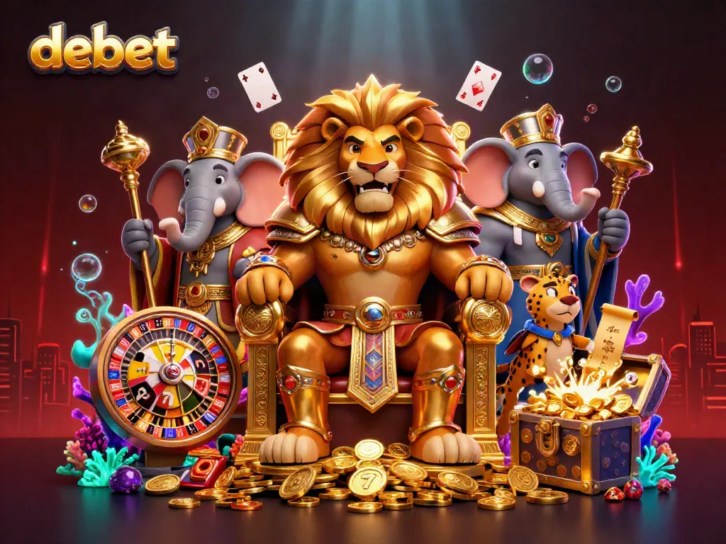 Experience thrilling gameplay with debet in an ultra-detailed 3D casino scene featuring a regal lion, wise elephant, and swift cheetah.