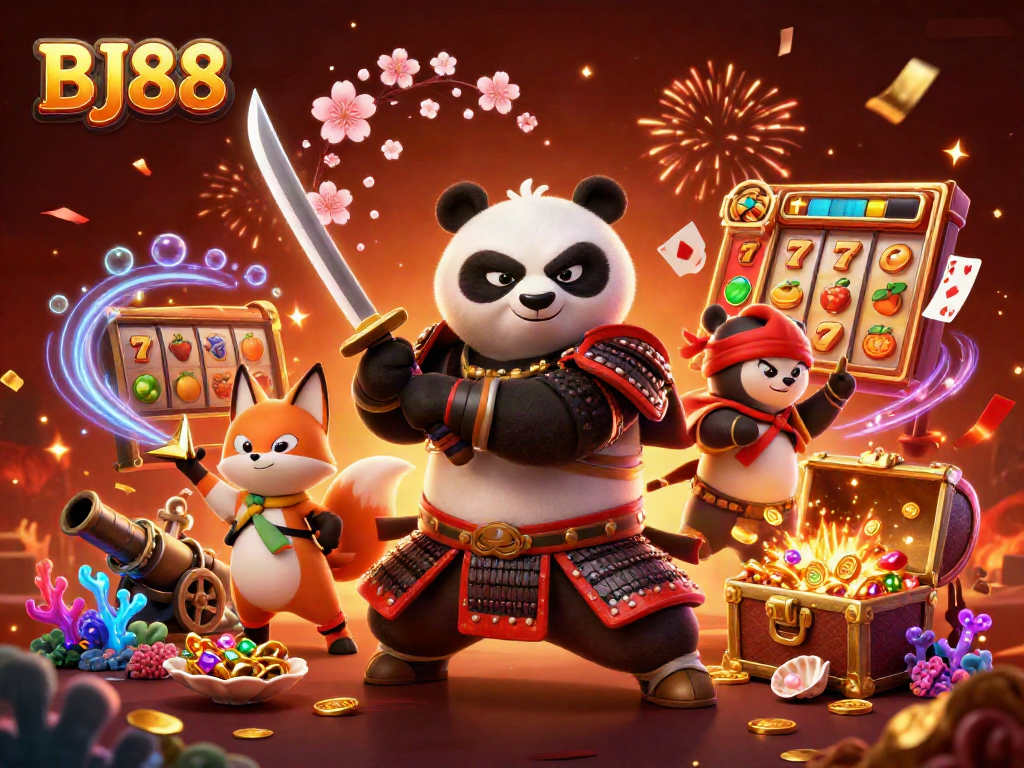 Experience BJ88 with vibrant casino-themed illustration featuring samurai panda and mystical elements.