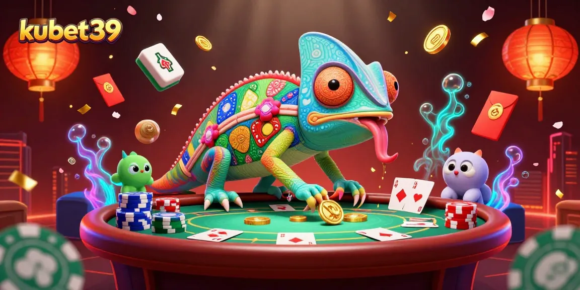 Experience kubet39 with a vibrant illustration of casino action, featuring a colorful chameleon and dynamic poker elements.