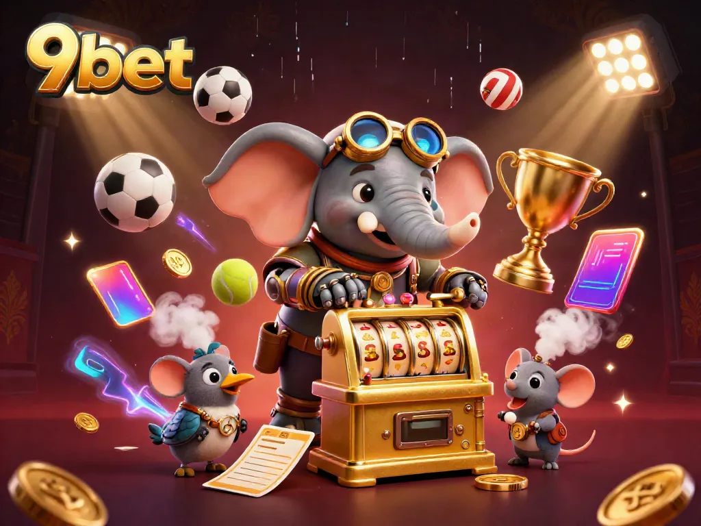 Engage with thrilling slot games at 9bet, showcasing a steampunk elephant engineer at an exciting golden slot machine.