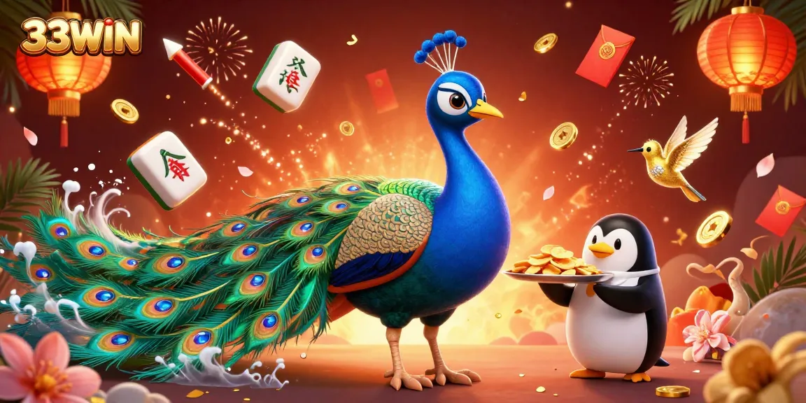 Engage with the thrilling world of 33WIN, featuring a majestic peacock and vibrant casino elements.