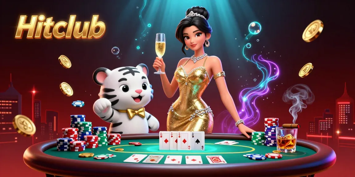 Experience Hitclub's thrilling casino atmosphere featuring glamorous characters amidst rich poker elements.