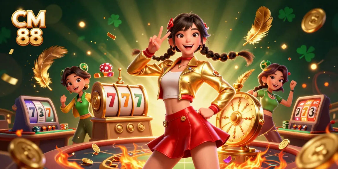 Engage with CM 88 casino action featuring a joyful Asian woman celebrating wins amid vibrant slot reels and confetti.