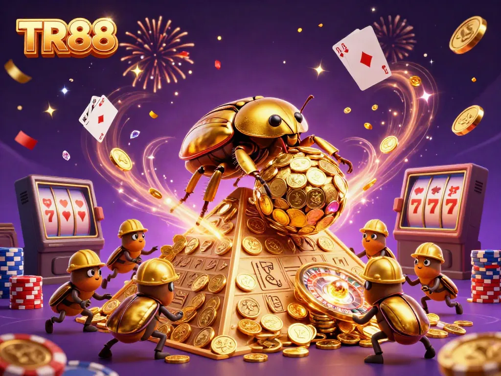 Experience TR88's vibrant gaming adventure with golden coins, slot machines, and dynamic casino elements.