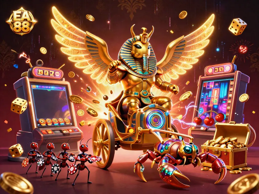 Engage with EA 88's vibrant casino scene featuring a golden scarab and jackpot excitement.