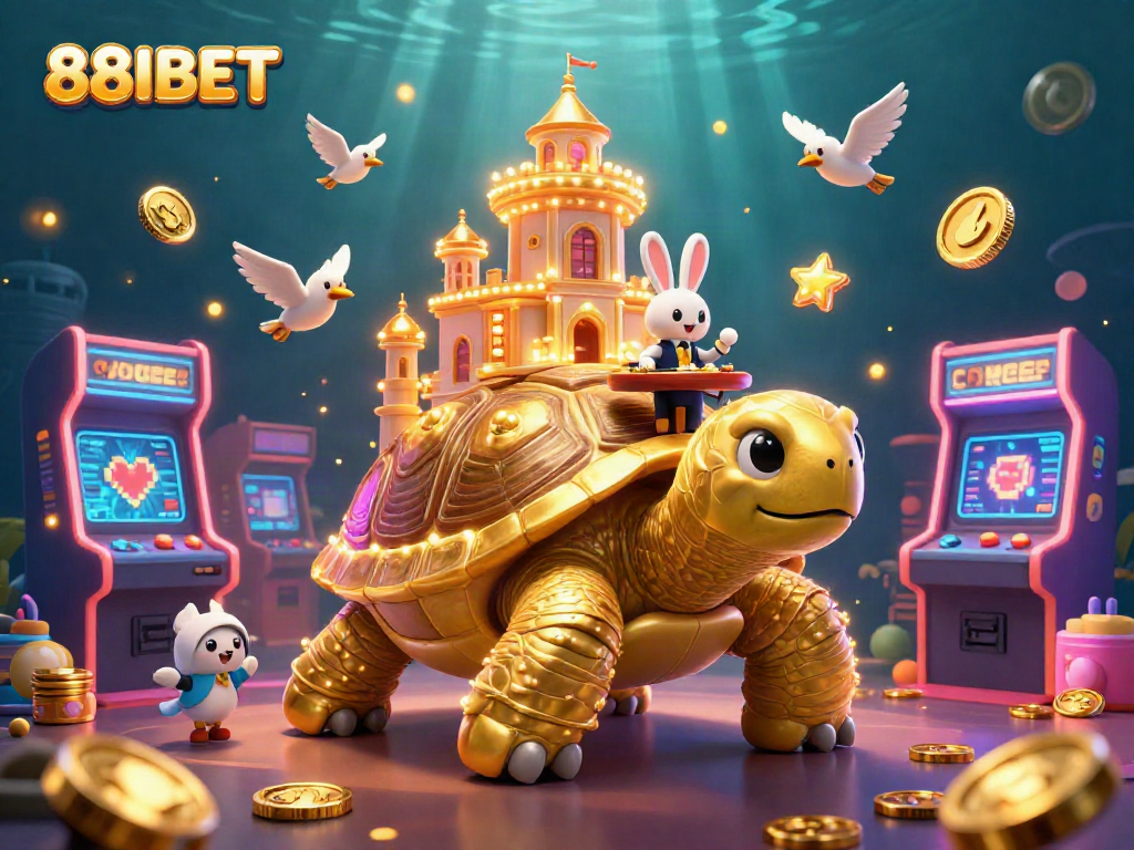 Join the excitement at 88IBET, featuring a vibrant casino scene with golden tortoise and rabbit dealer.