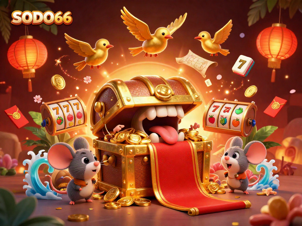 Engage with SODO66 at a vibrant digital casino showcasing immersive slot machine action.