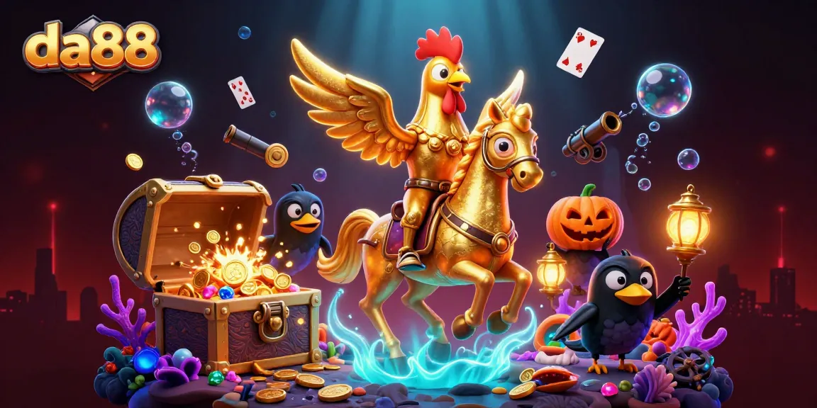 Spin the reels in the dazzling da88 casino scene featuring a whimsical golden rooster and crow companions.