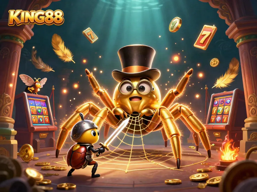 Experience excitement at KING88 with a vibrant 3D casino adventure featuring a golden tarantula and battling beetle.