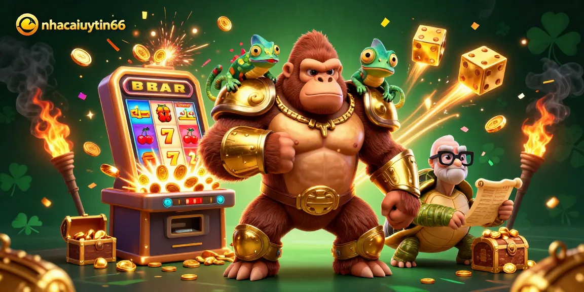 Play exciting casino games with nhacaiuytin66 and enjoy vibrant graphics featuring a gorilla king, chameleon, and tortoise!