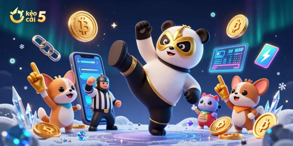 Engage in kèo nhà cái 5 illustrated with a panda wrestler kicking in an energetic sports betting scene.