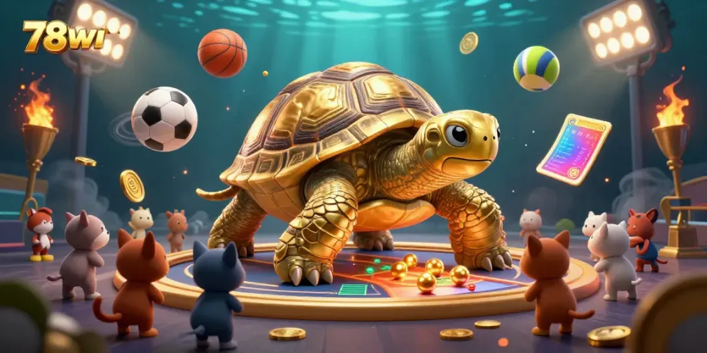 Experience the excitement of 78WIN with golden tortoise gaming and dynamic sports action in a vibrant scene.