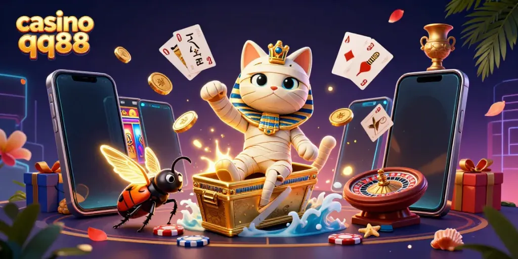 Experience casino qq88 with an exciting illustration featuring an Egyptian mummy cat, glowing scarab, and dynamic game elements.