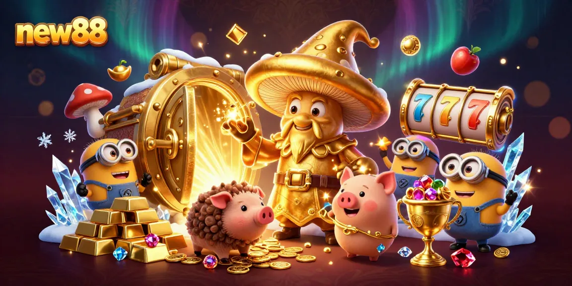 Experience winning with new88 through enchanting golden magic and treasures in this vibrant 3D illustration.