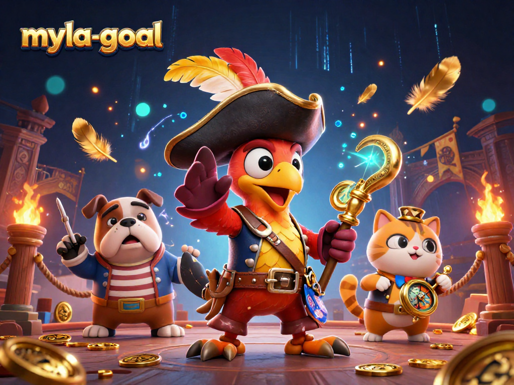 Gamblers experience thrilling action with myla-goal's vibrant 3D cartoon scene, featuring pirate captain, bulldog, and cat navigator
