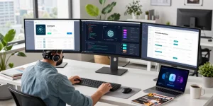 Developer exploring ChatGPT alternatives in a vibrant tech workspace with advanced coding displays and modern decor.