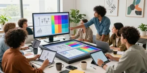 Team collaborating around a digital mix board in a modern office space.