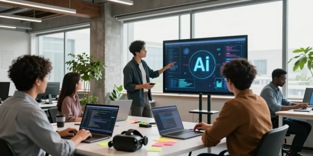 Team collaborating on hot AI project in a bright, modern workspace.