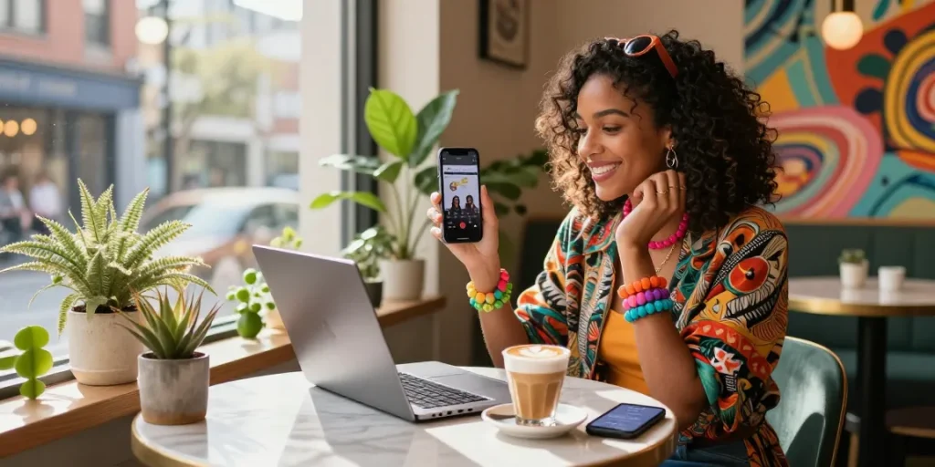 Engaging urban café scene with a woman discussing AI slut relationships, stylish outfit, and vibrant atmosphere.