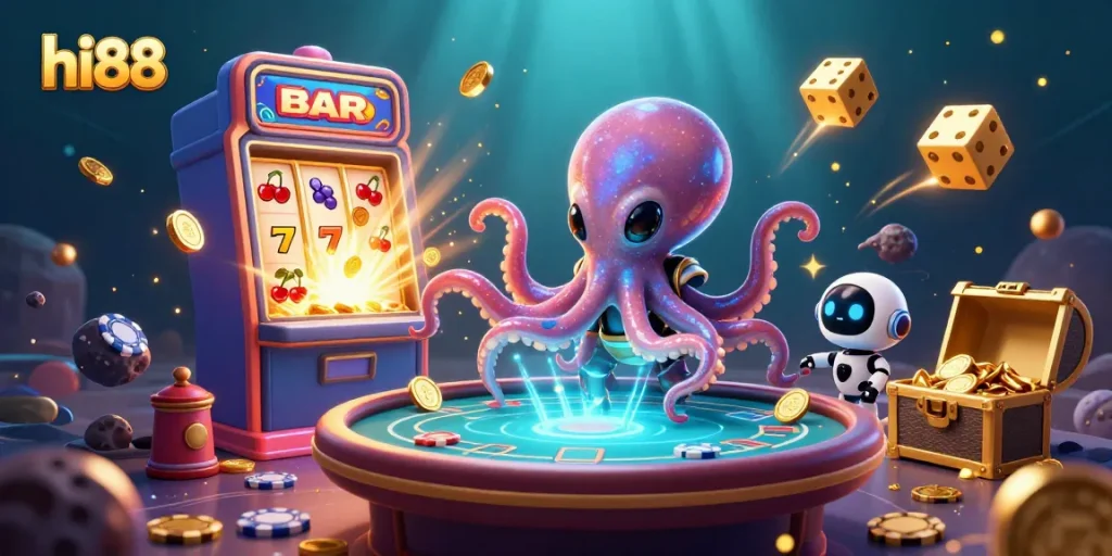 Experience exciting betting action at hi88 with a vibrant 3D casino scene featuring playful characters.