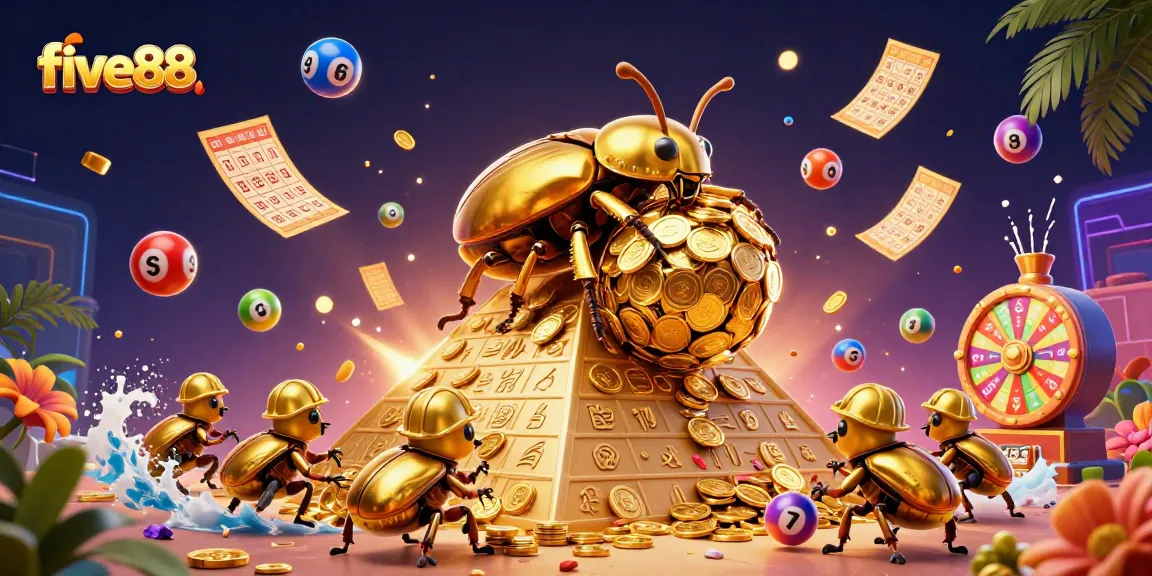 Experience five88 casino excitement with golden beetles rolling coins and lottery fun!
