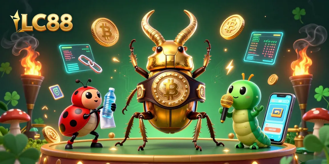 Engage with winning strategies at LC88 casino adorned with vibrant 3D characters and crypto elements.