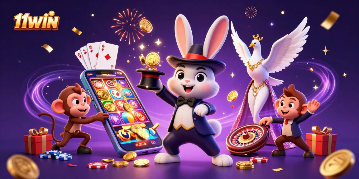 Spin and win with the 11WIN magician rabbit and casino characters, showcasing vibrant gaming elements.