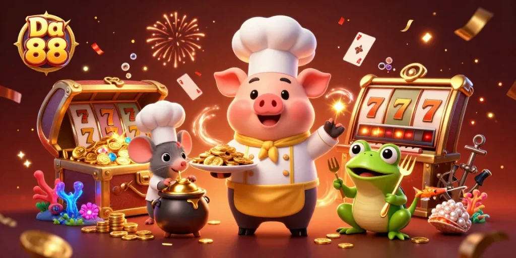 Join the fun at Da 88 as a chef pig serves gold coins in a vibrant casino scene.