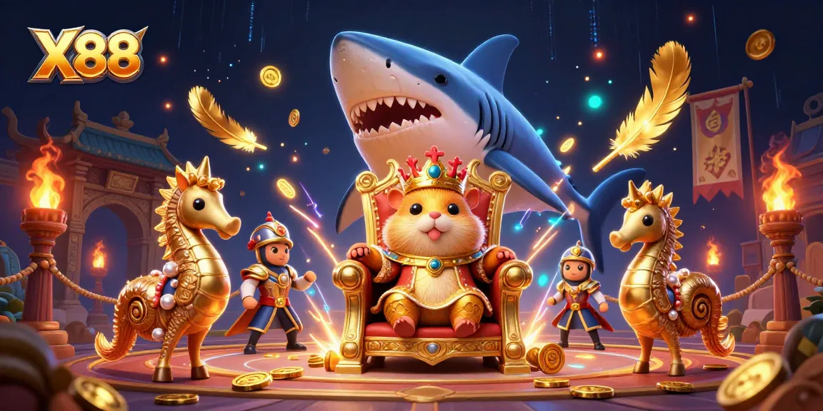 X88 casino game scene featuring a golden hamster king and seahorse guards among vibrant casino elements.