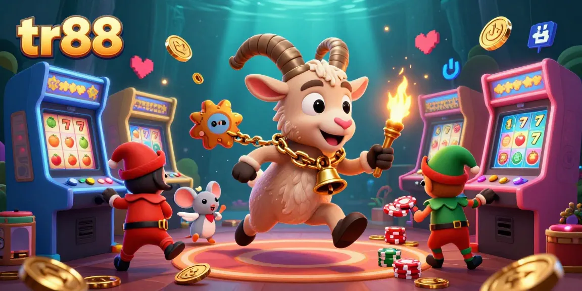 Spin the slots at tr88's vibrant casino atmosphere with Krampus and an angel mouse amidst playful chaos.