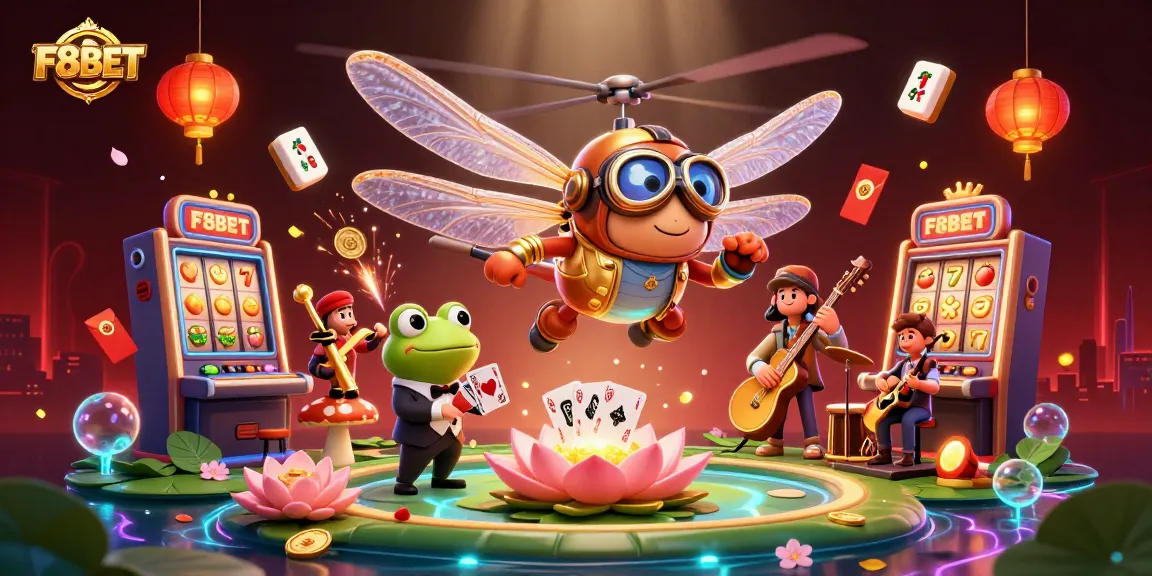 Experience F8BET with a dynamic casino scene featuring a dragonfly pilot, frog croupier, and vibrant game elements