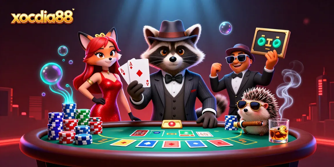 Engage with thrilling moments at xocdia88, featuring a suave raccoon, charming fox, and hedgehog bouncer in a vibrant casino scene