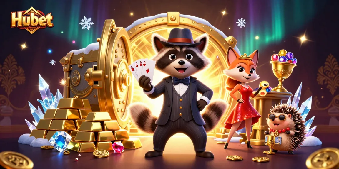 Win big with Hubet's lively casino scene featuring charming characters amidst treasure and excitement.