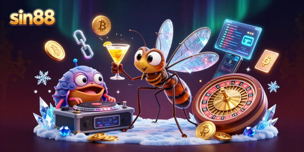 Join the excitement of sin88 as players spin the golden roulette wheel alongside colorful crypto elements.