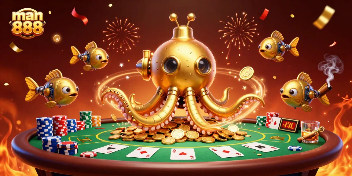 Engage in thrilling games at man 888 casino with stunning poker elements and vibrant festive atmosphere.