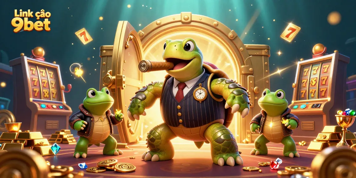 Experience the thrill of gambling with Link vào 9bet through this dynamic illustration showcasing a cartoon turtle and frogs.