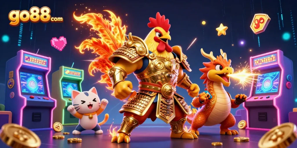 Experience thrilling gaming at go88com with vibrant characters and exciting casino elements.
