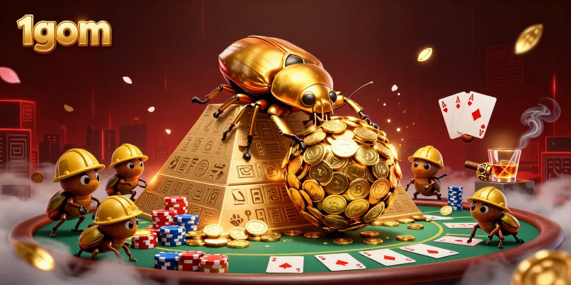 1gom cartoon beetles roll golden coins while promoting high-stakes poker excitement.