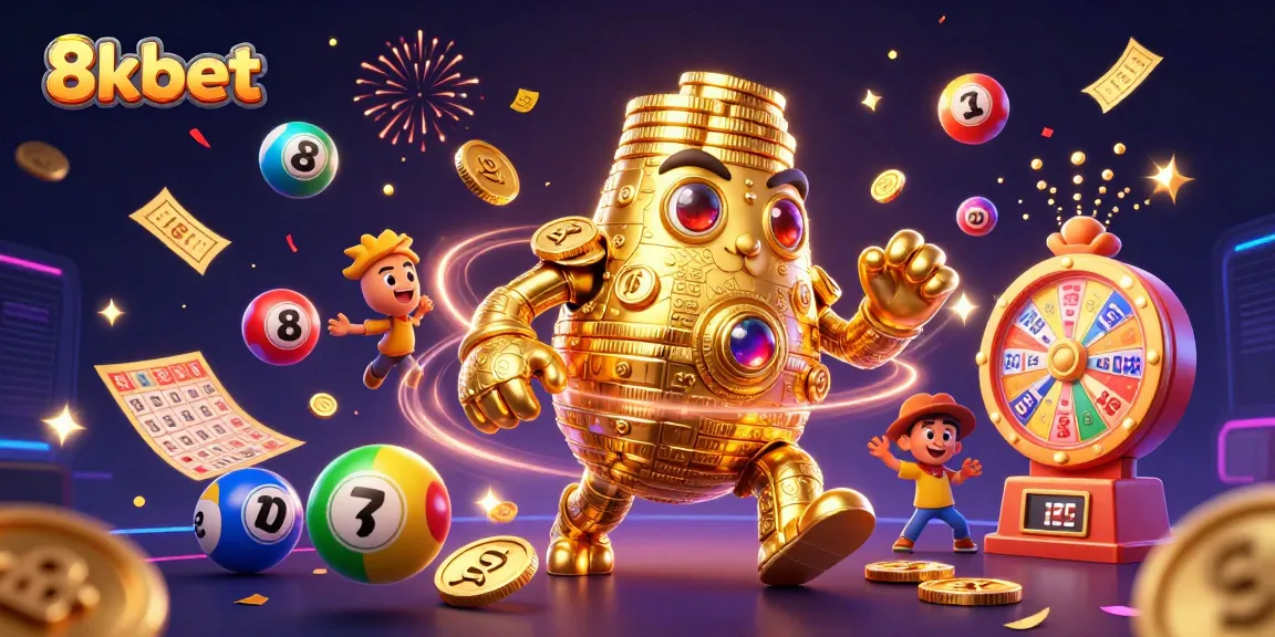 Experience the dynamic thrill of 8xbet with a golden golem amidst exciting lottery elements and rich casino visuals.